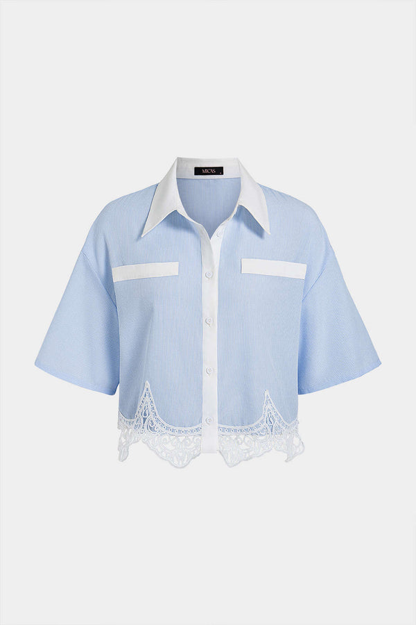 Gestreepte patchwork blouse met kant en korte mouwen