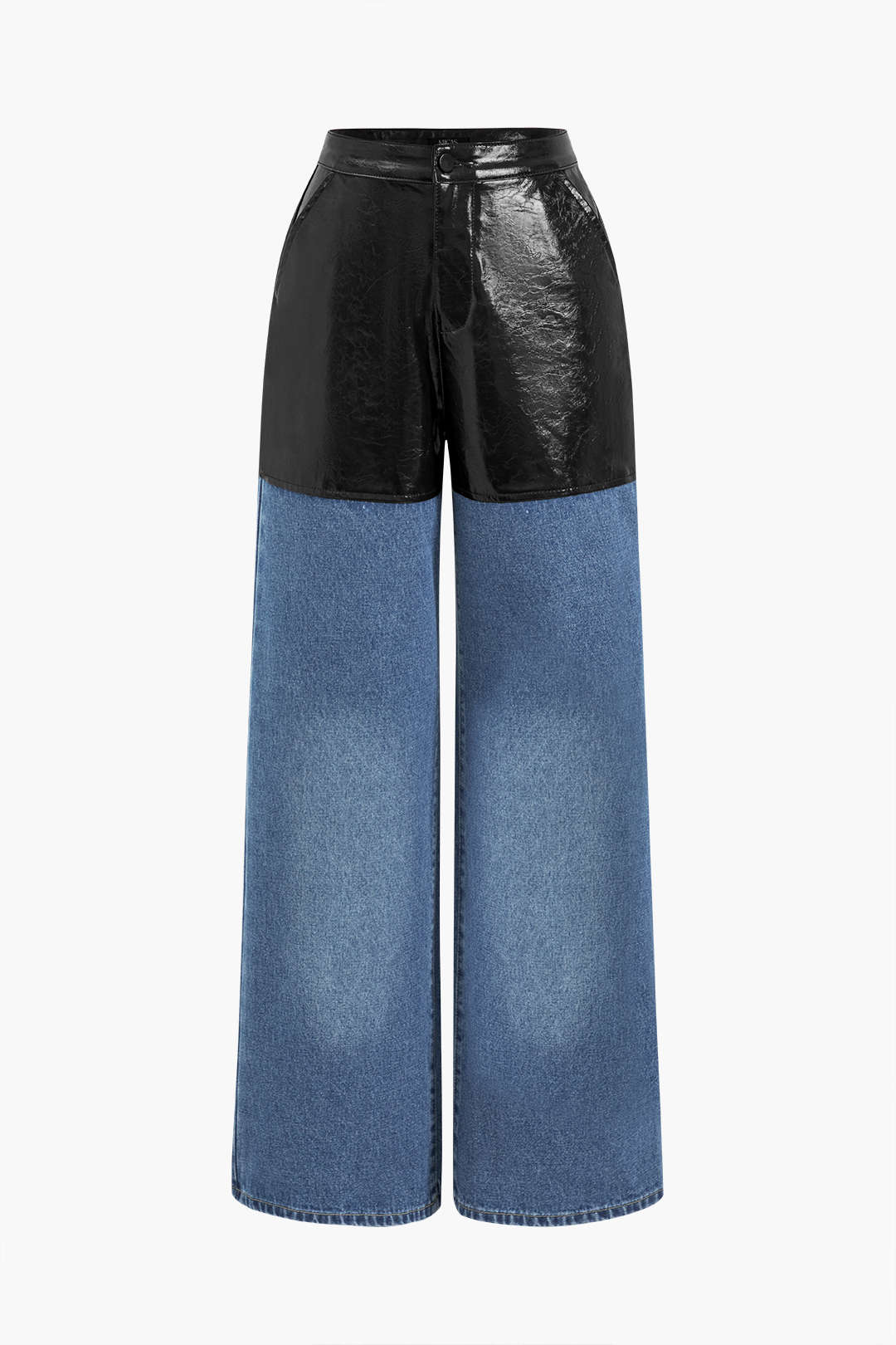 Leren-look patchwork jeans met rechte pijp