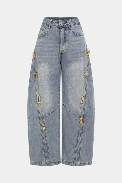 Denim jeans met metallic details en wijde pijpen