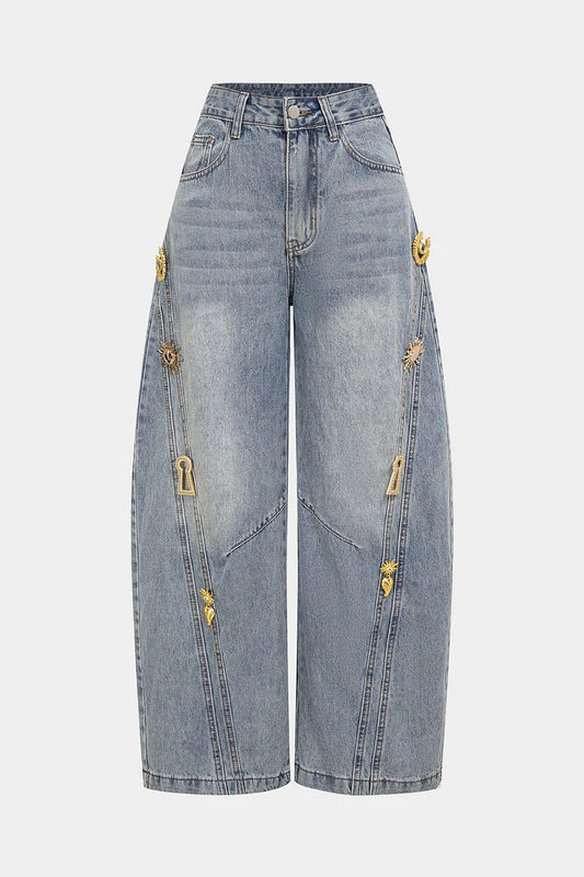 Denim jeans met metallic details en wijde pijpen
