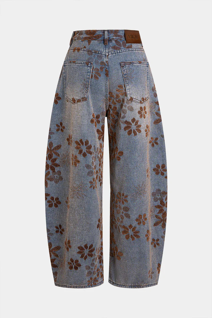 Denim jeans met bloemenprint, hoge taille en zakken