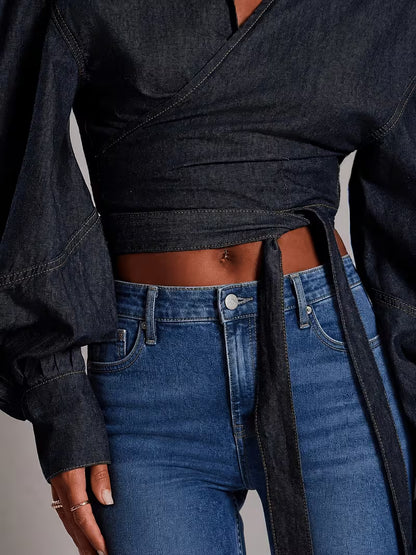 Denim Wikkelblouse met Pofmouwen