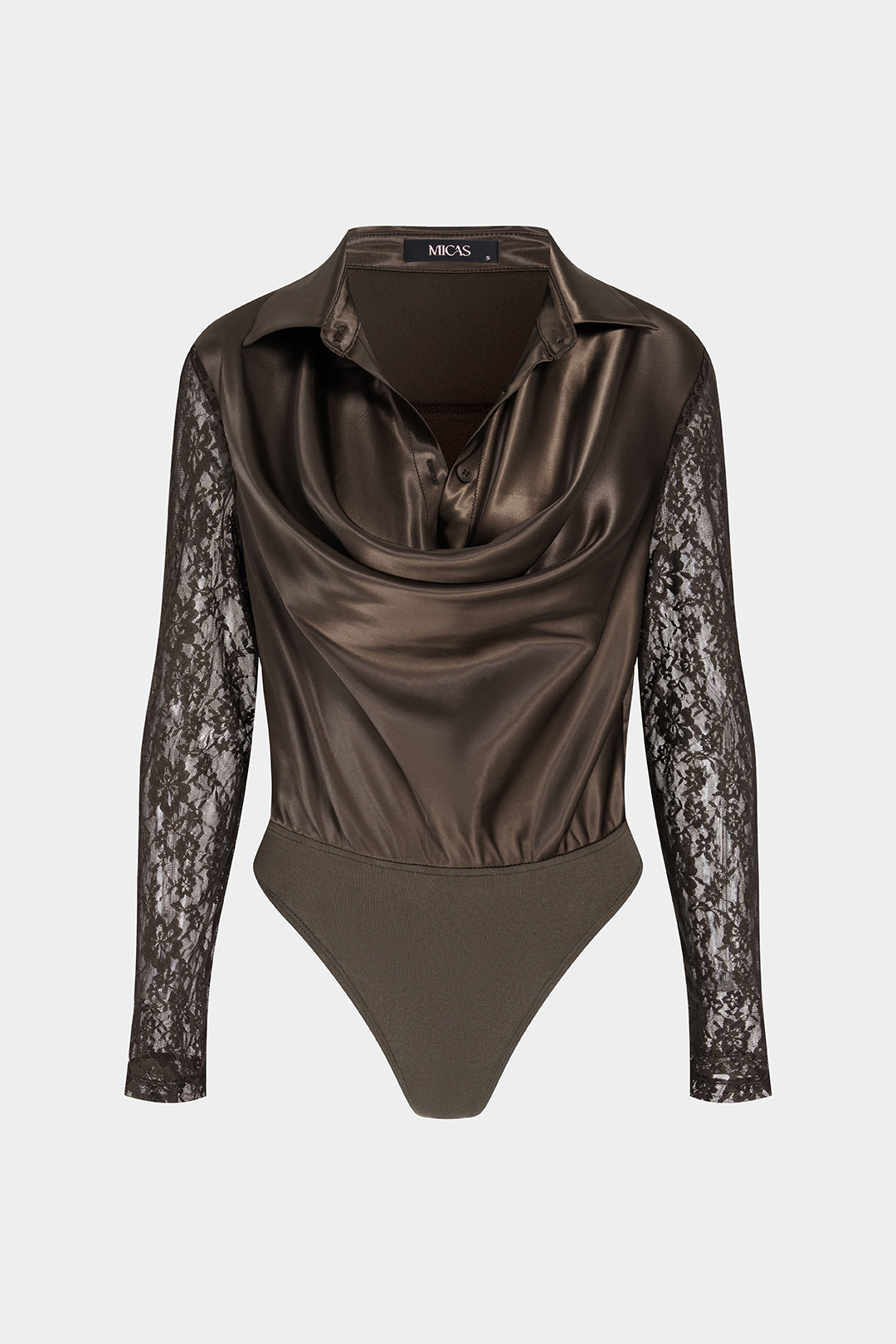 Satijnen patchwork body met kant, drapering en watervalhals