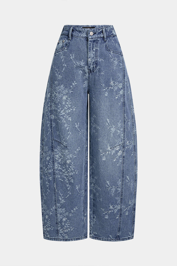 Jacquard jeans met zakken en wijde pijpen