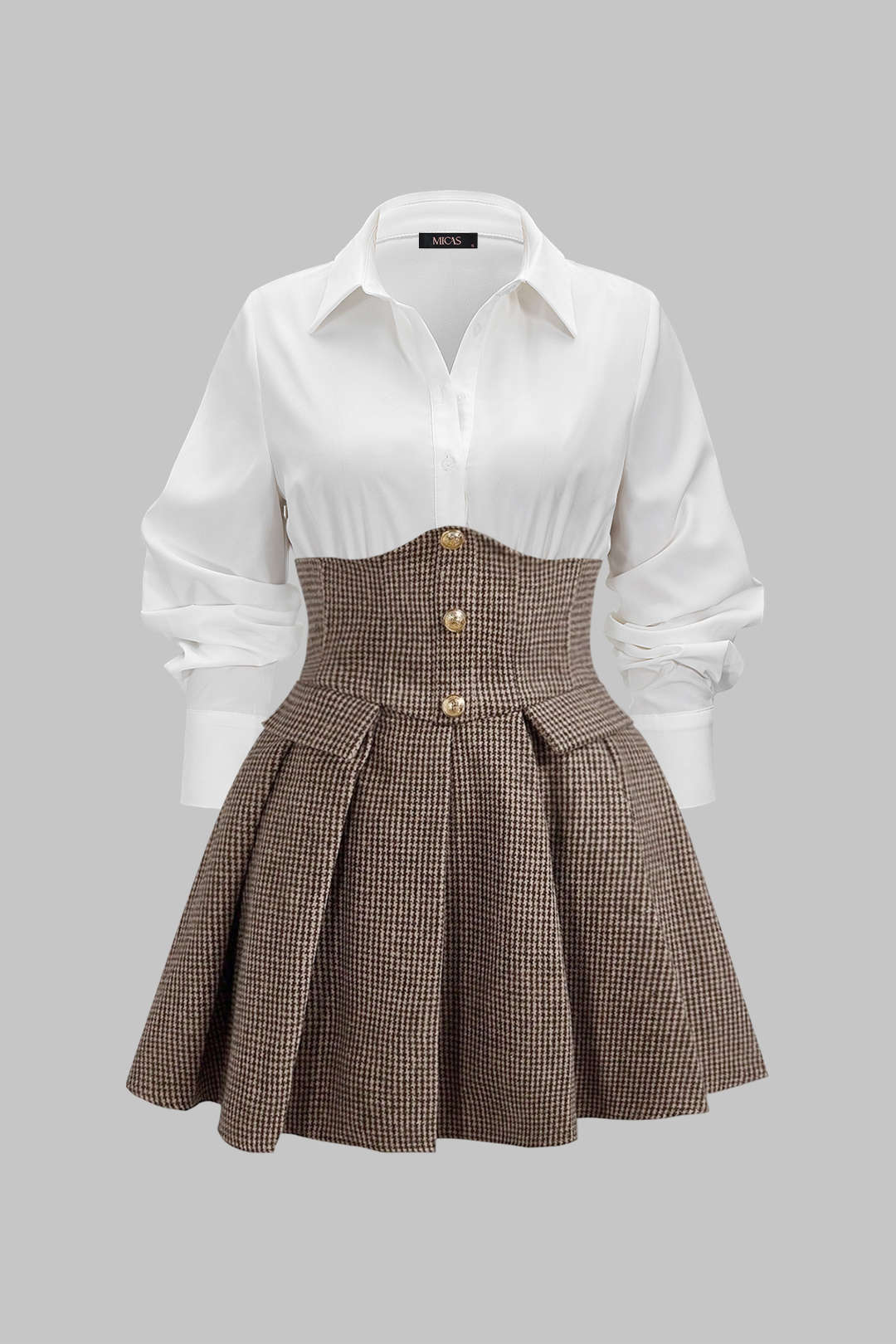 Pied-de-poule patchwork minijurk met hoge taille