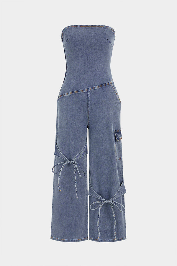Denim mouwloze jumpsuit met strik en wijde pijpen