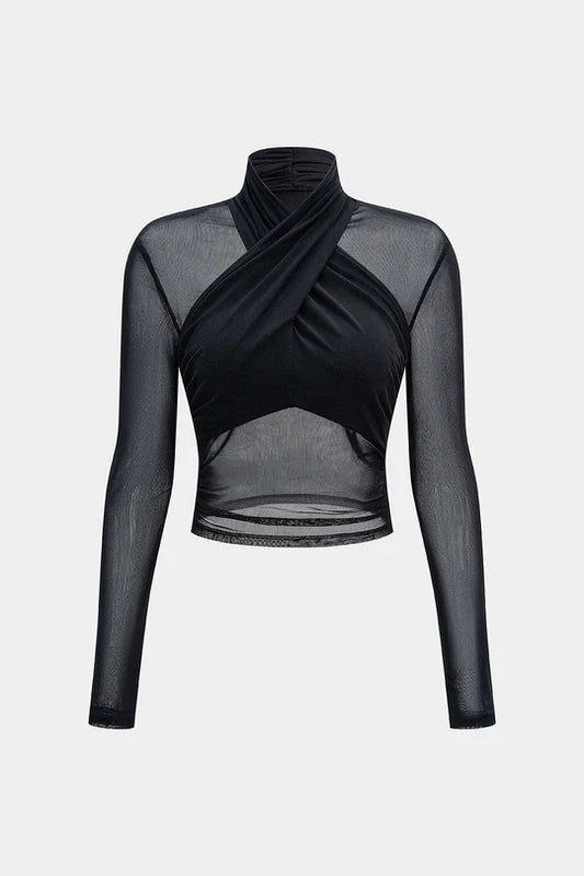Mesh Sheer Ruched Long-Sleeve Top