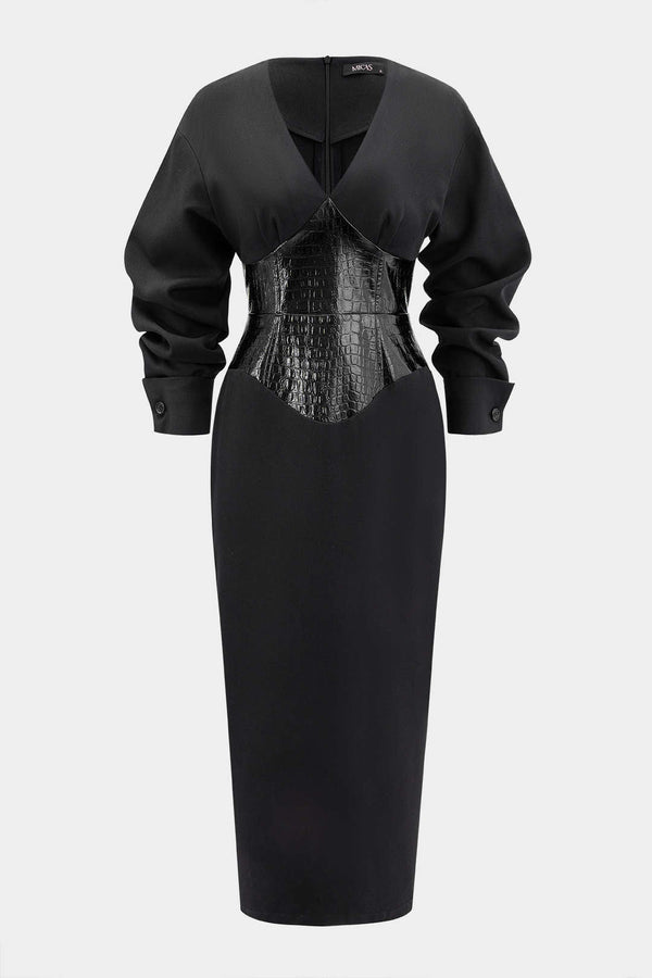 Leren-look patchwork maxijurk met lange mouwen
