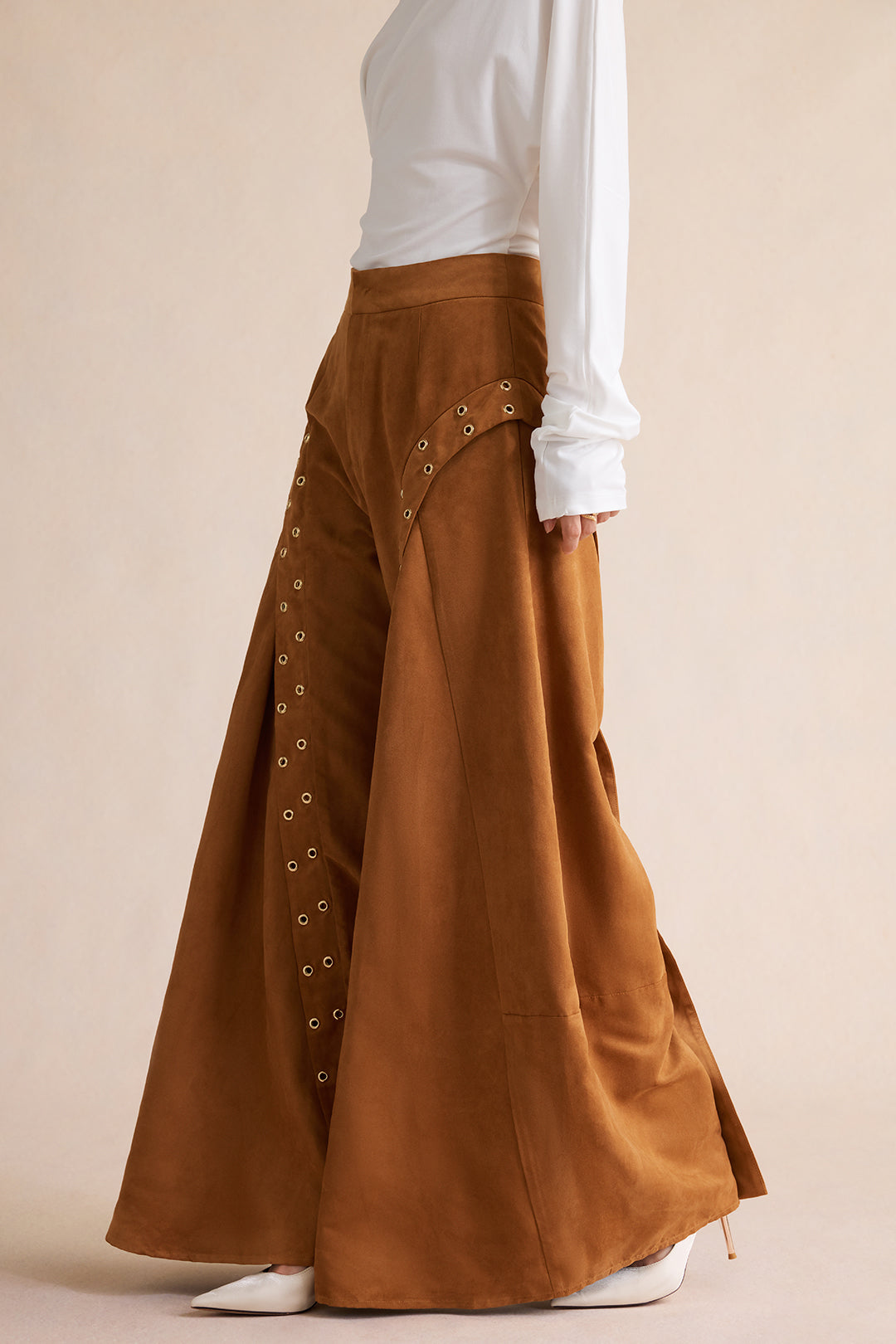 Suède broek met wijde pijpen