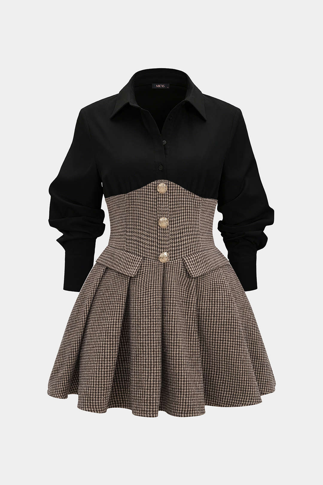 Pied-de-poule patchwork minijurk met hoge taille