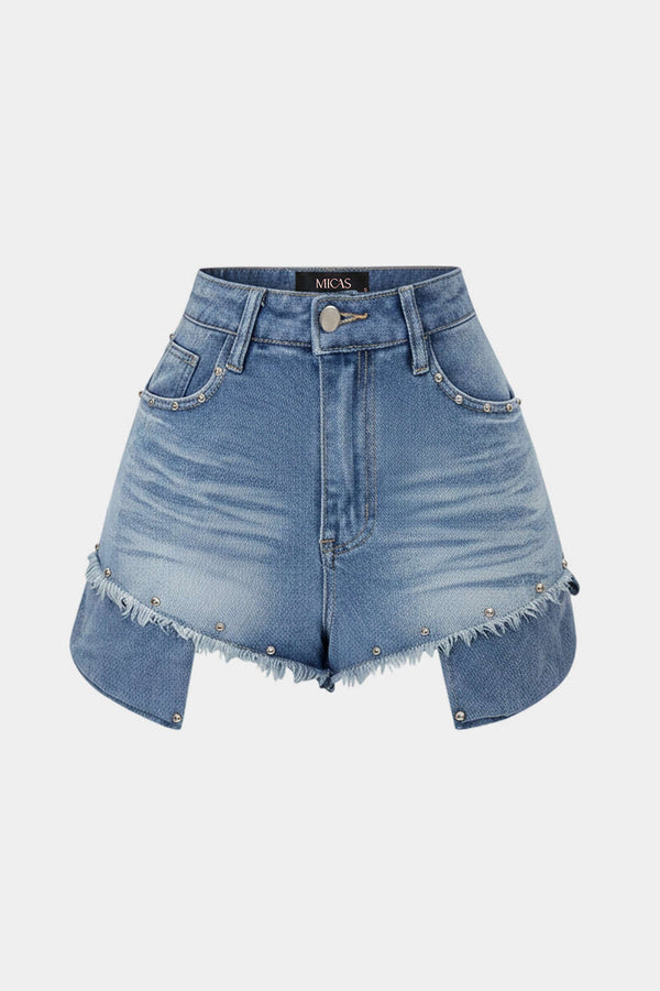 Denim short met studs, zakken en rafelrand