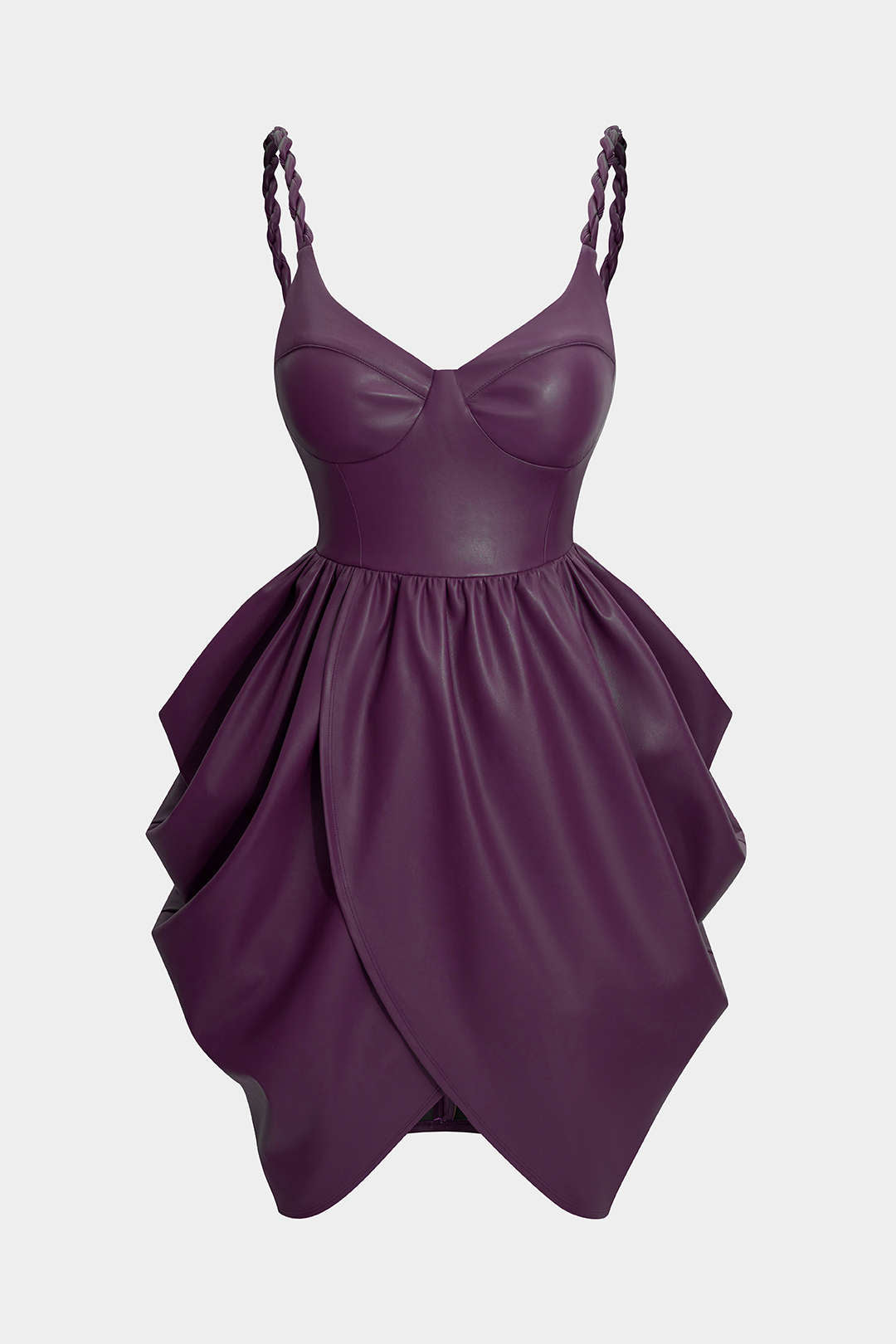 Leren-look mouwloze minijurk met ruches en gedraaid detail