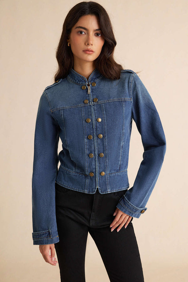 Denim item met rits en knoopjes