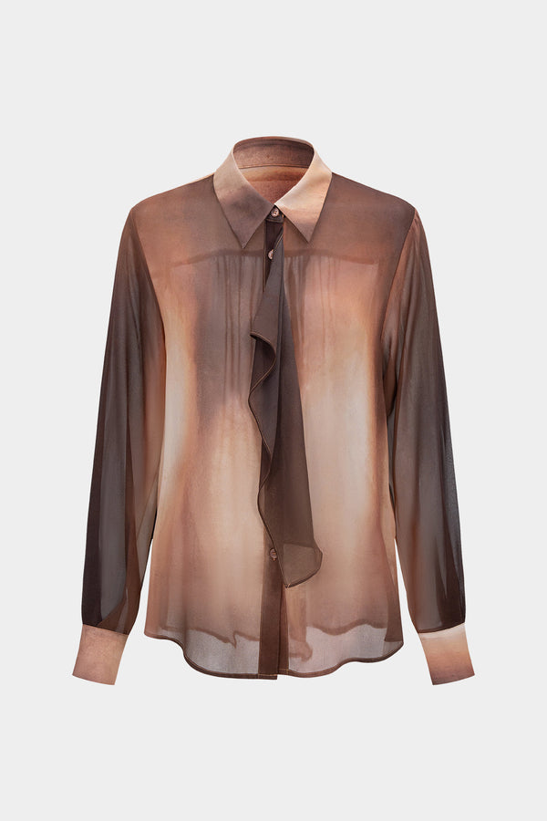 Tie-dye chiffon top met knoopjes, volants en lange mouwen