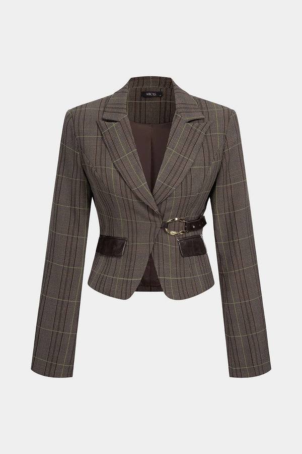 Geruite patchwork blazer met riem