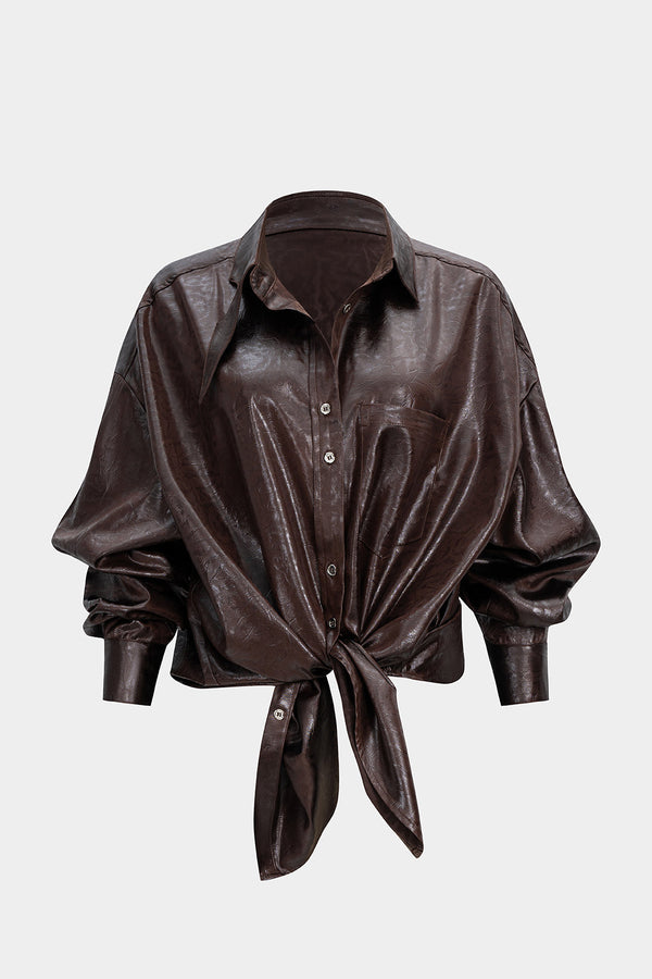 Leren-look blouse met knoopjes en lange mouwen