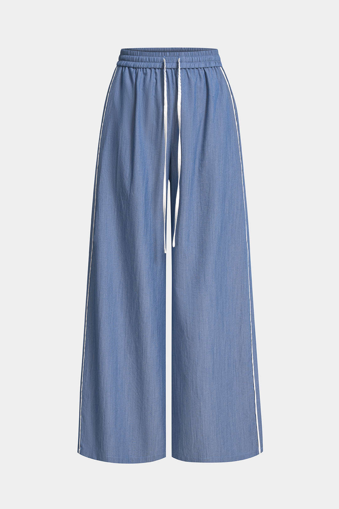 Broek met trekkoord, smokwerk en wijde pijpen