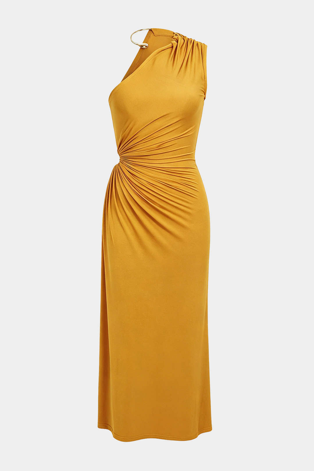 Metallic asymmetrische midijurk met één schouder en ruches