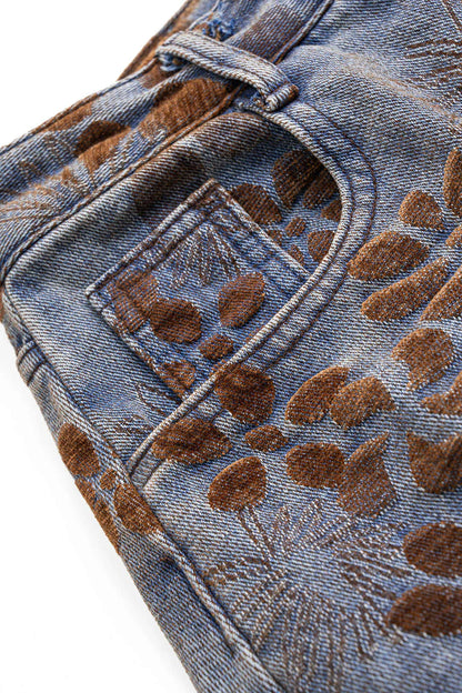 Denim jeans met bloemenprint, hoge taille en zakken
