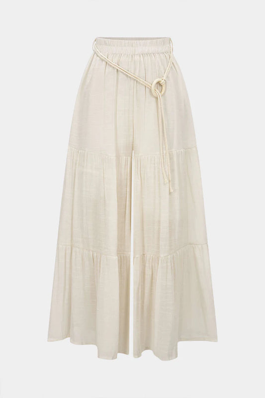Broek met riem, plooien, hoge taille en wijde pijpen
