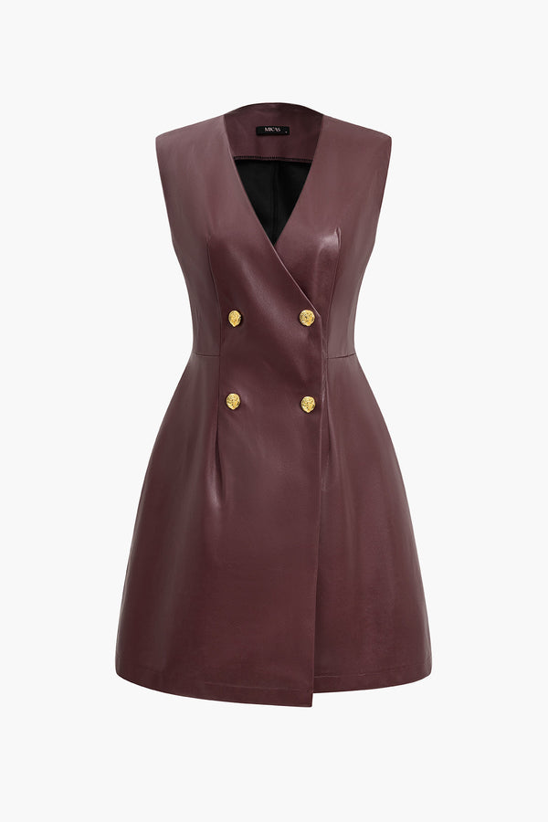 Effen leren-look minijurk met knoopjes