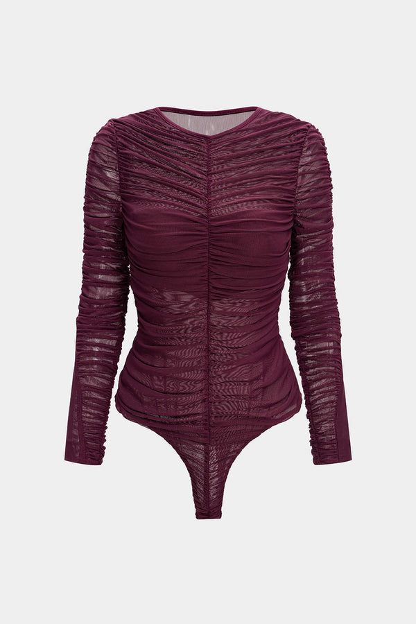 Mesh body met ronde hals, ruches en lange mouwen