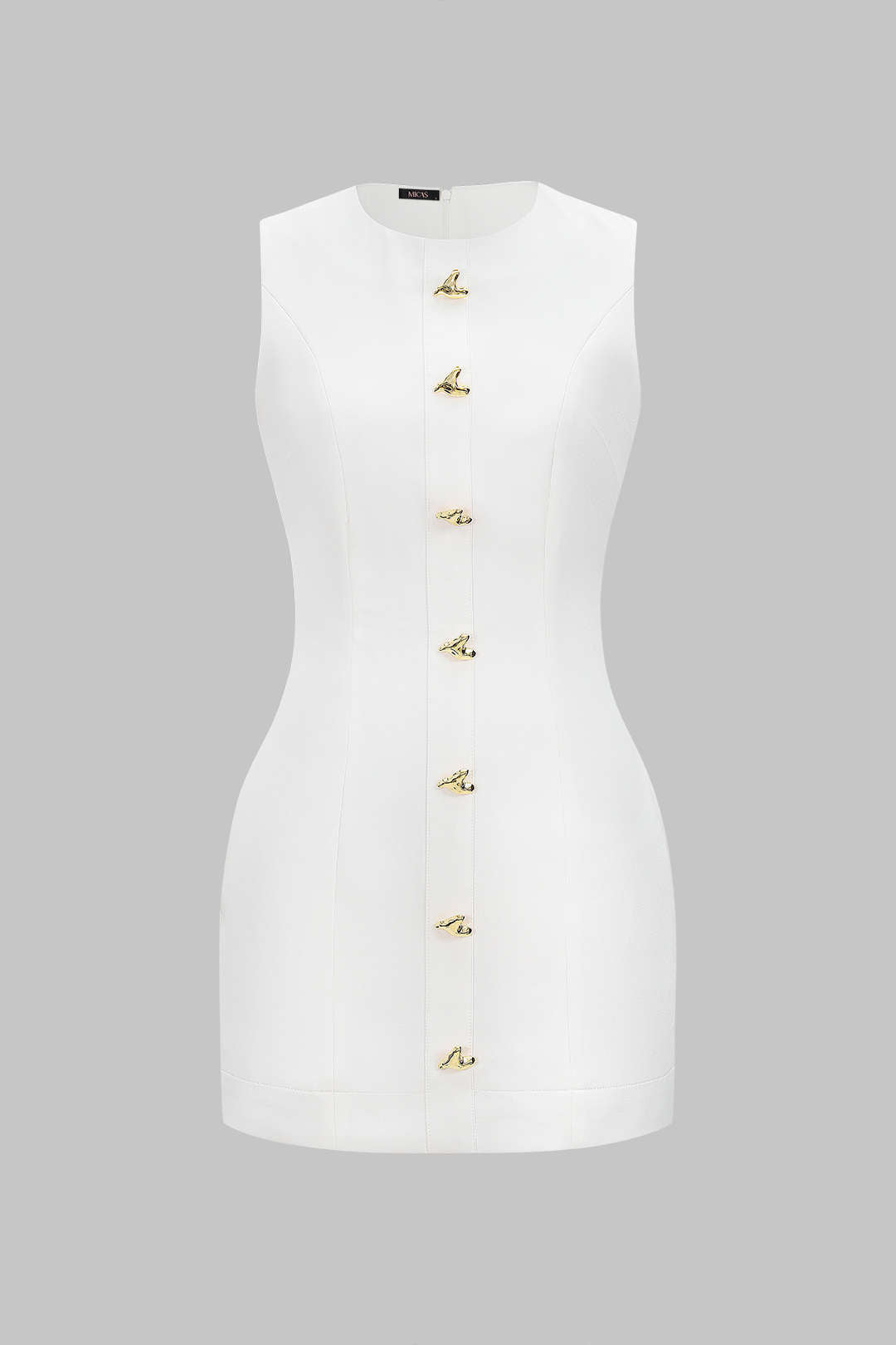 Sara - Metallic mouwloze minijurk met ronde hals en knoopjes