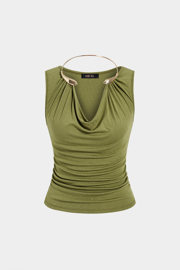 Metallic tanktop met drapering en watervalhals