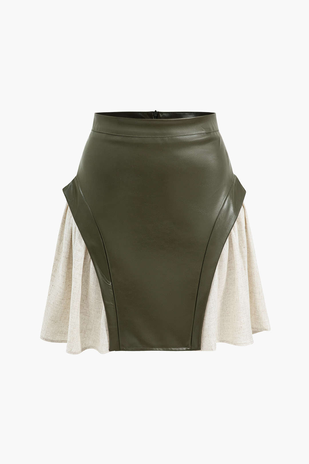 Colorblock leren-look rok met ruches en rits