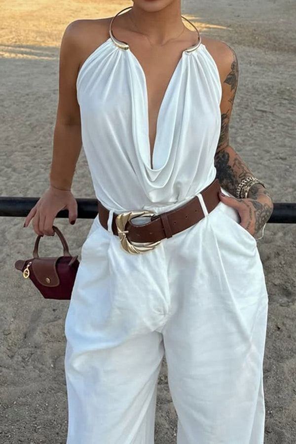 Metallic tanktop met drapering, halternek en open rug