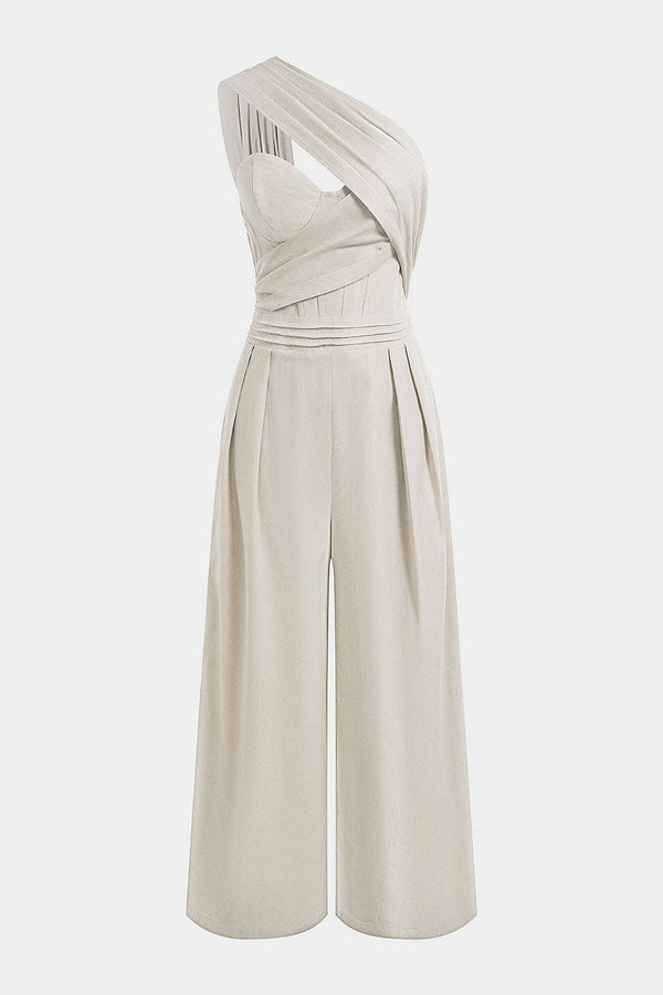 Linnen asymmetrische jumpsuit met één schouder en ruches