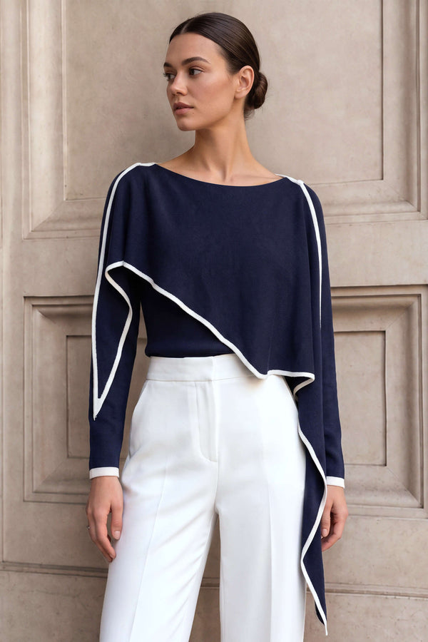 Gebreide asymmetrische top met ronde hals en lange mouwen