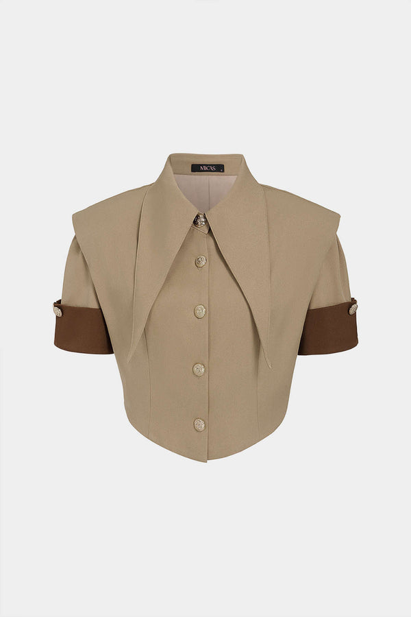 Metallic blouse met revers, knoopjes en korte mouwen