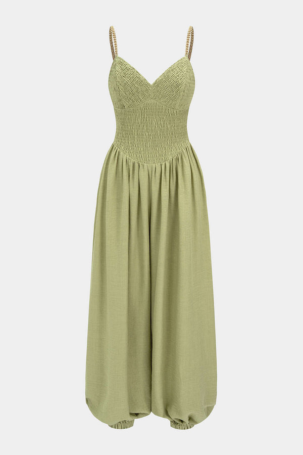 Metallic mouwloze jumpsuit met kettingdetail en V-hals