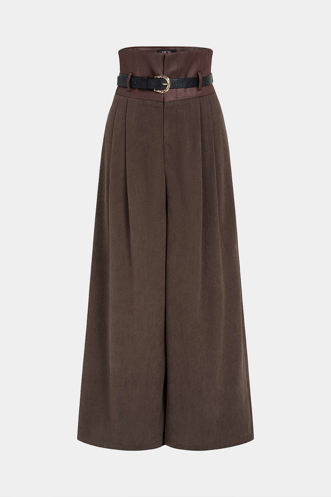 Ribfluwelen patchwork broek met riem en hoge taille