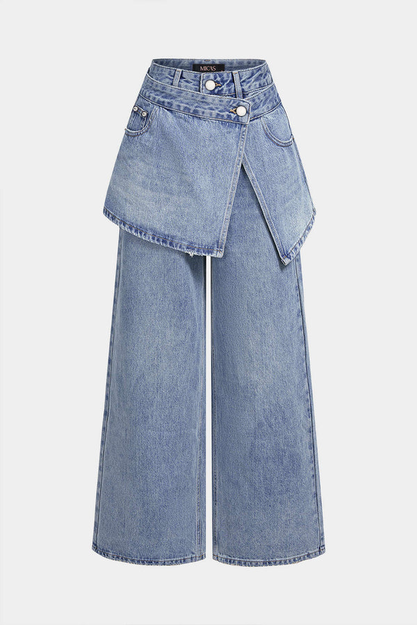 Asymmetrische jeans met hoge taille, zakken en wijde pijpen