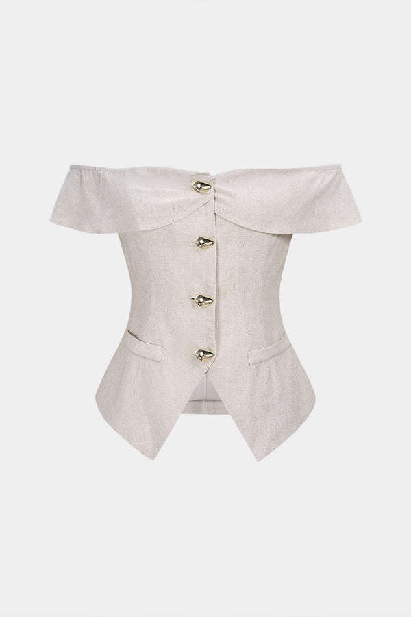 Linnen metallic top met knoopjes en blote schouders