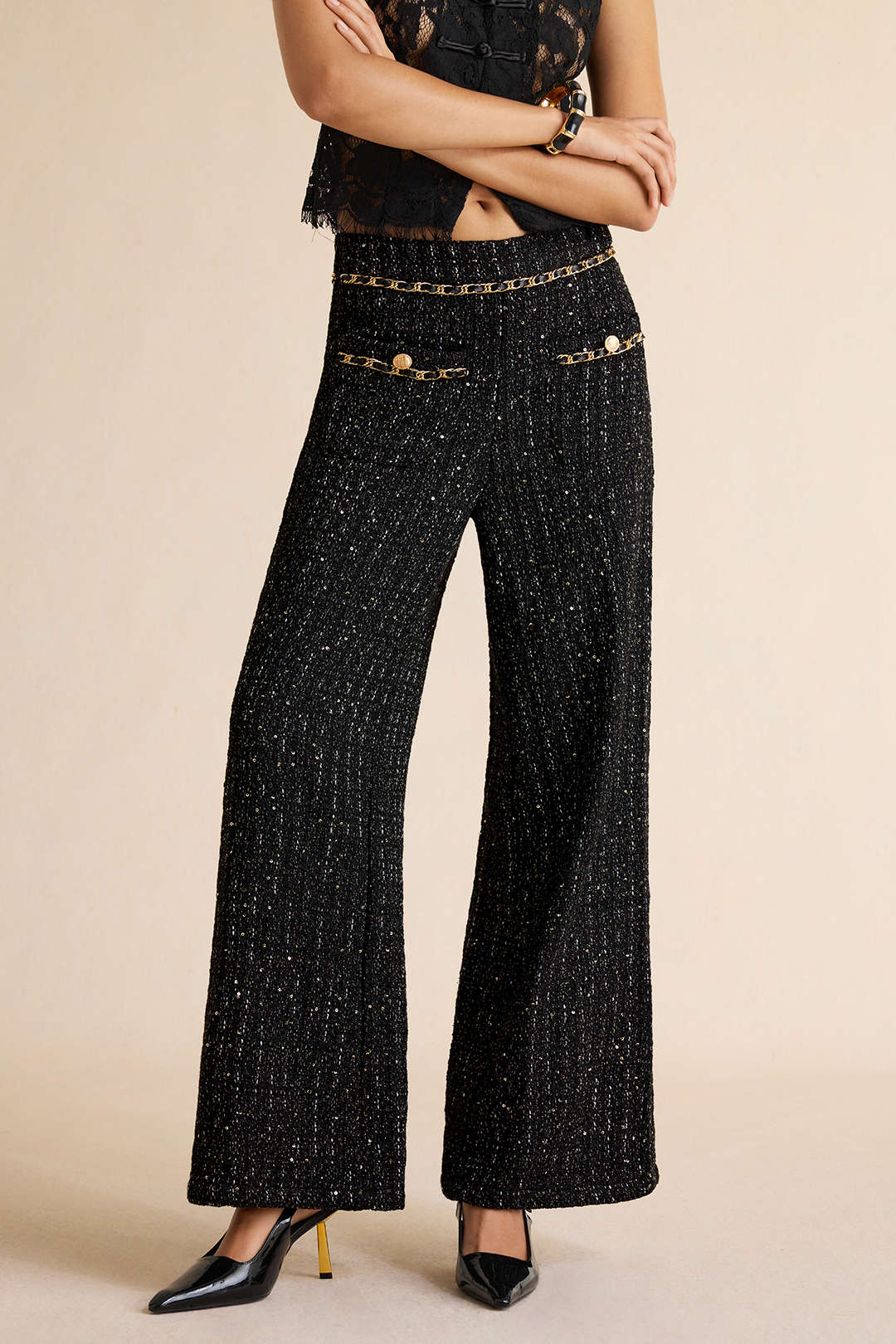 Tweed broek met pailletten en rechte pijp