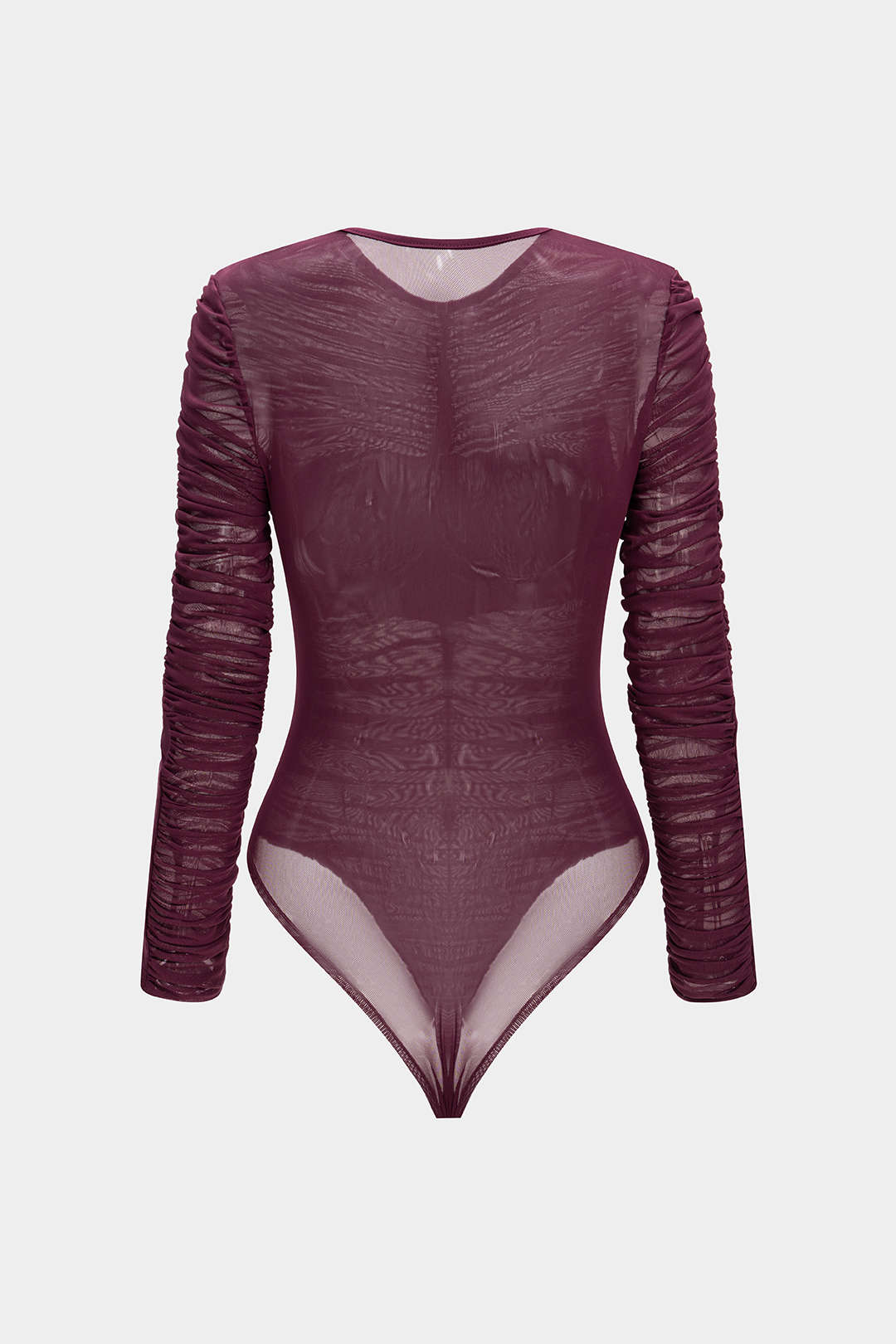 Mesh body met ronde hals, ruches en lange mouwen