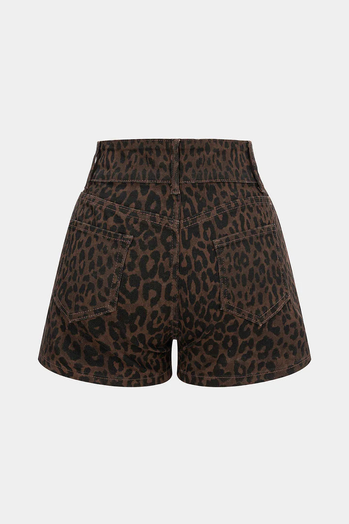 Denim shorts met luipaardprint en hoge taille