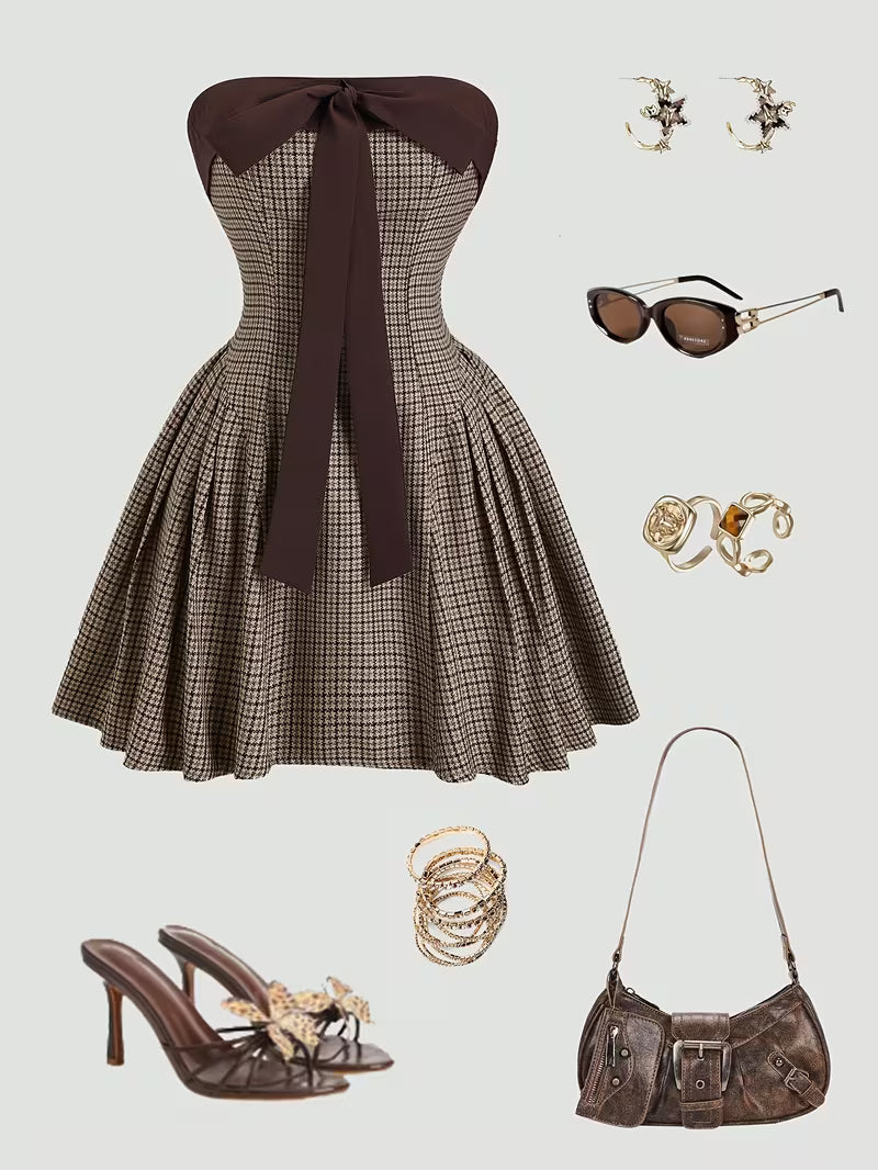 Retro Pied-de-Poule Jurk met Strik