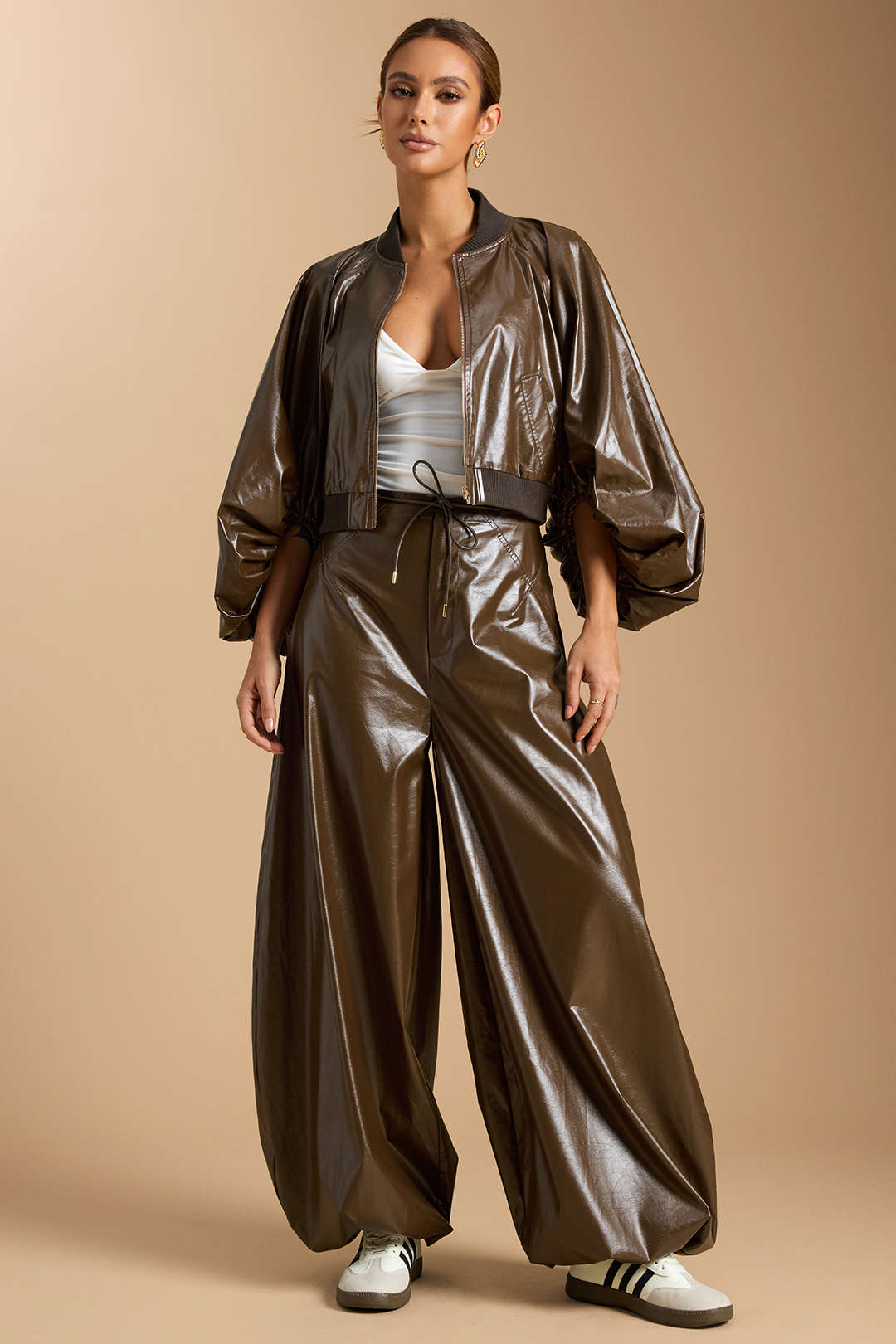 Leren-look pantalon met strik