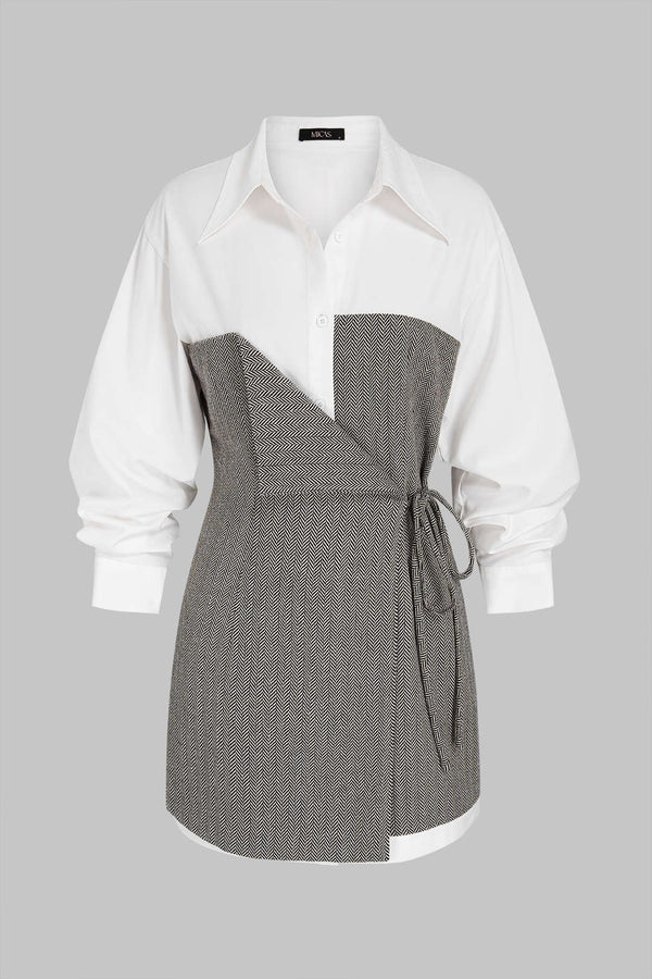 Geometrische patchwork minijurk met strik en lange mouwen