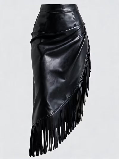 Vintage asymmetrische PU-rok met franjes