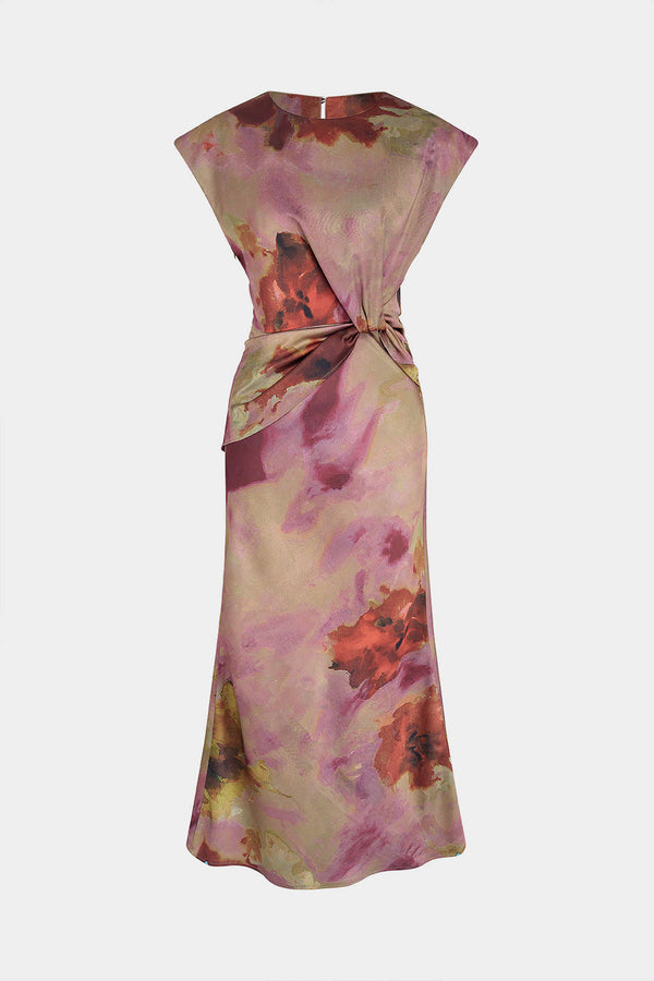 Tie-dye midijurk met ruches, uitsnijding en knoopjes