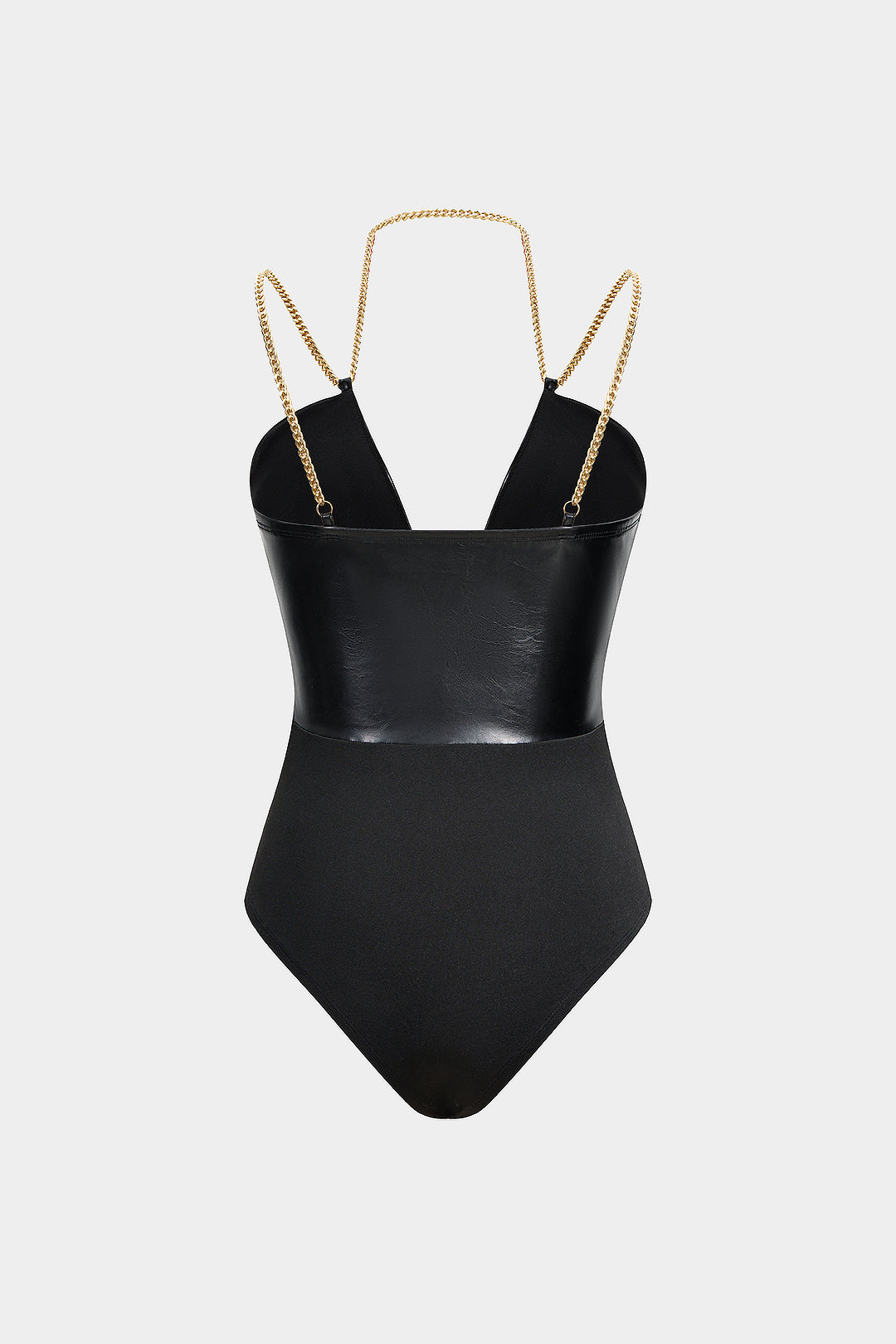 Leren-look patchwork body met kettingdetail en V-hals