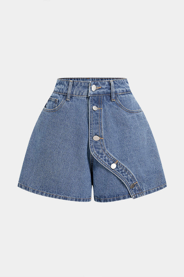 Quinn - Denim asymmetrische short met knoopjes