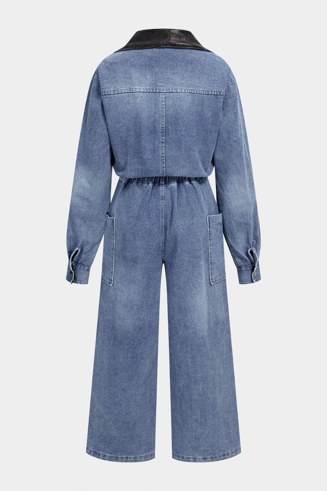 Denim patchwork jumpsuit met zakken en lange mouwen