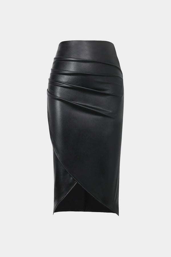 Leren-look midirok met wikkelmodel en ruches