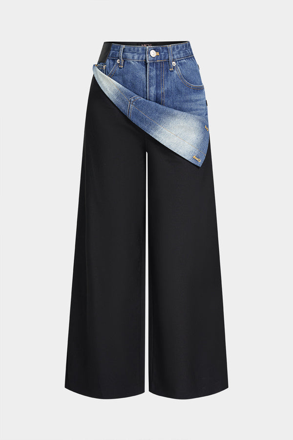 Patchwork jeans met hoge taille en wijde pijpen